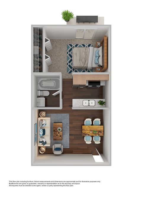 Floor plan for 1 bed, 1 bath, 600 sqft